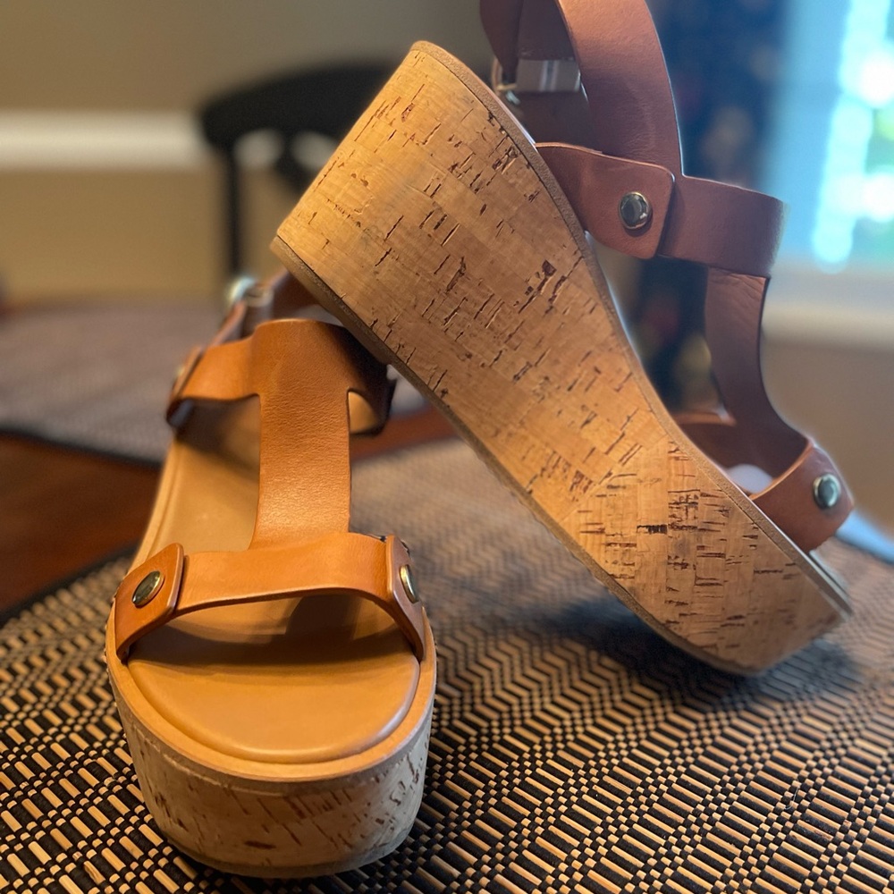 Frye Tan Leather Cork Wedge Sandals